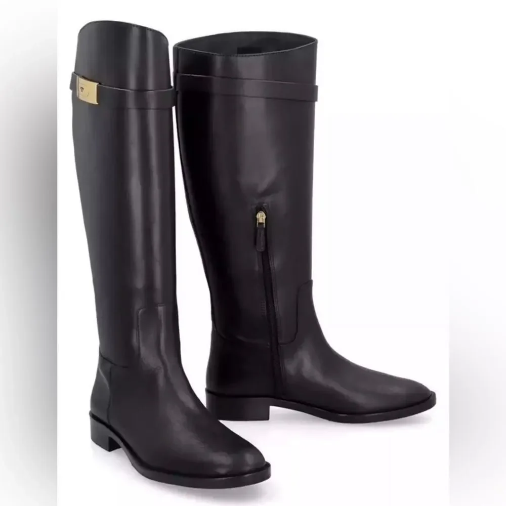 NWOB Tory Burch Calf Leather T-Hardware Tall Riding Boots in Perfect Black sz 6